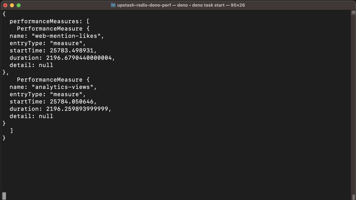 Initial Measures Upstash for Redis and Performance API: screen capture shows measures for analytics views and web-mention-likes, duration for each is just over 2 seconds